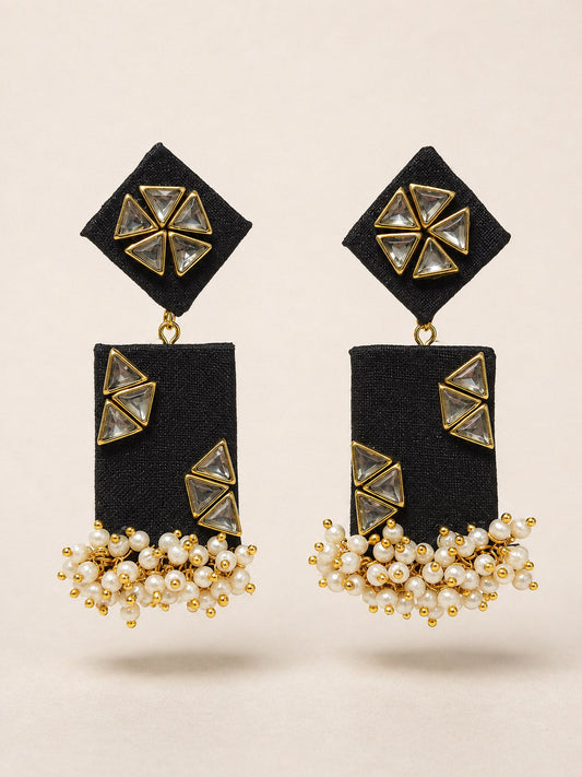 Black Kundan Geometric Earrings with Pearl Cluster Tassels