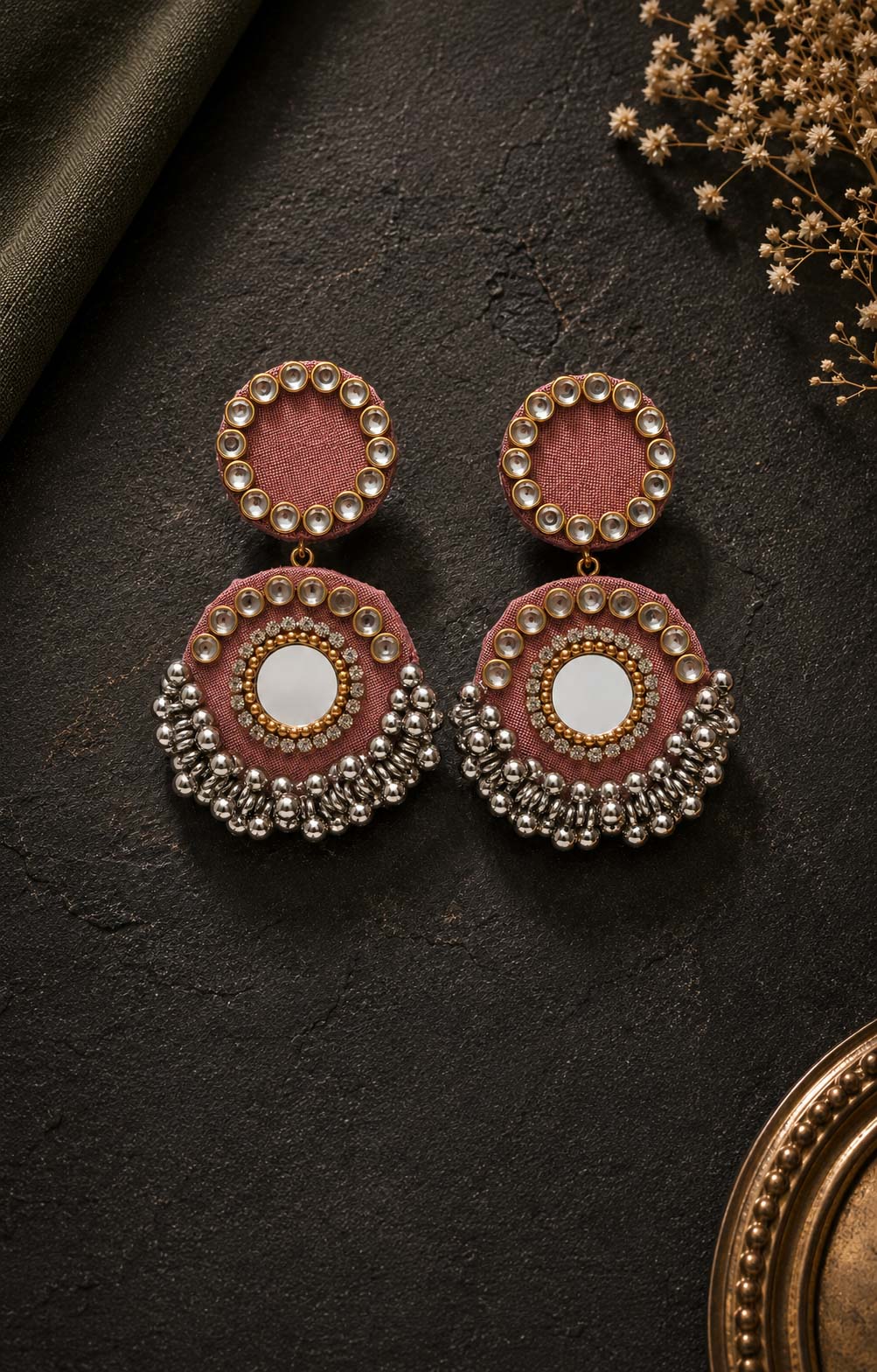 Dusty Pink Mirror Work Earrings with Silver Bead Fringe