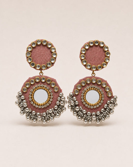 Dusty Pink Mirror Work Earrings with Silver Bead Fringe