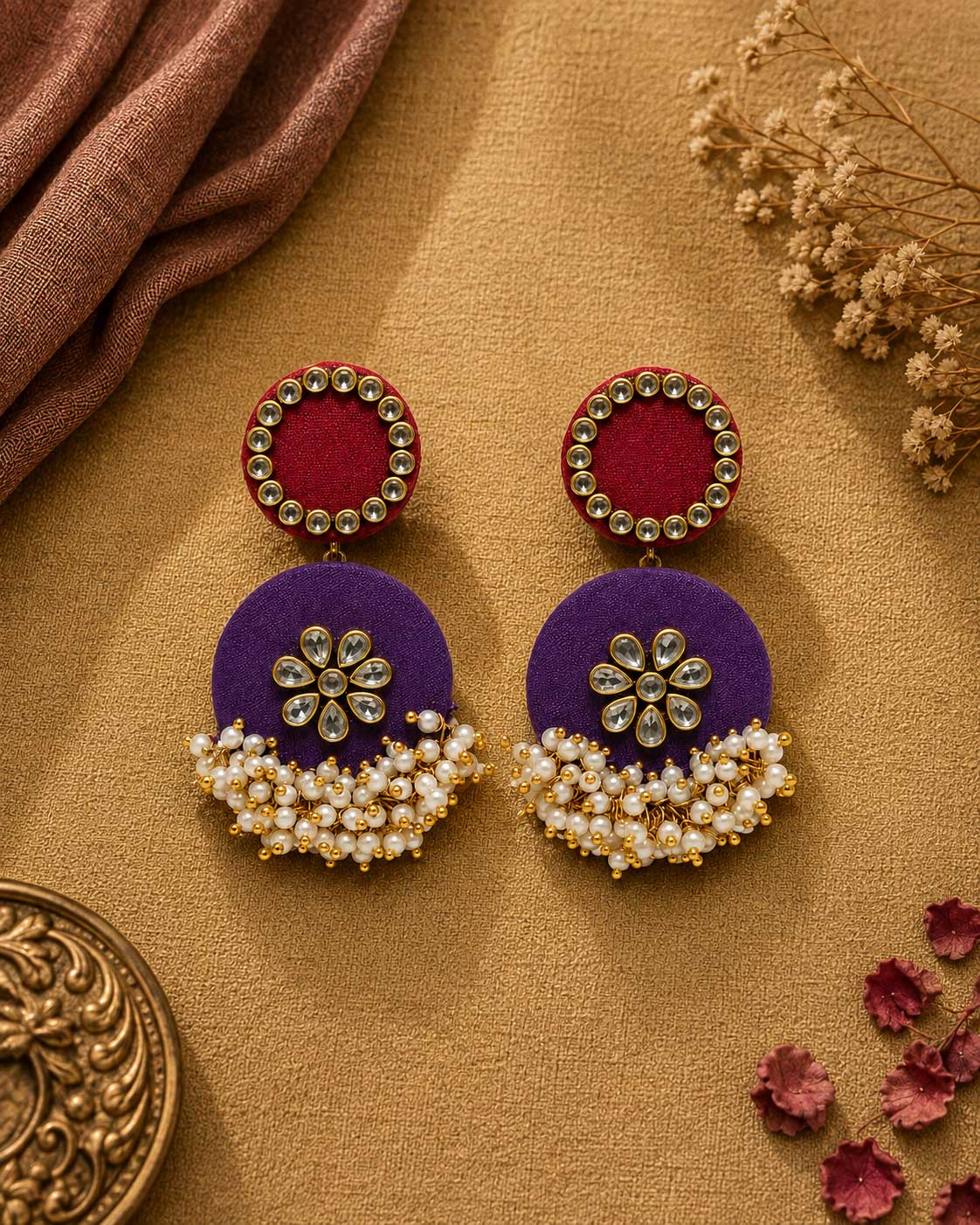 Maroon & Purple Kundan Floral Earrings with Pearl Tassels