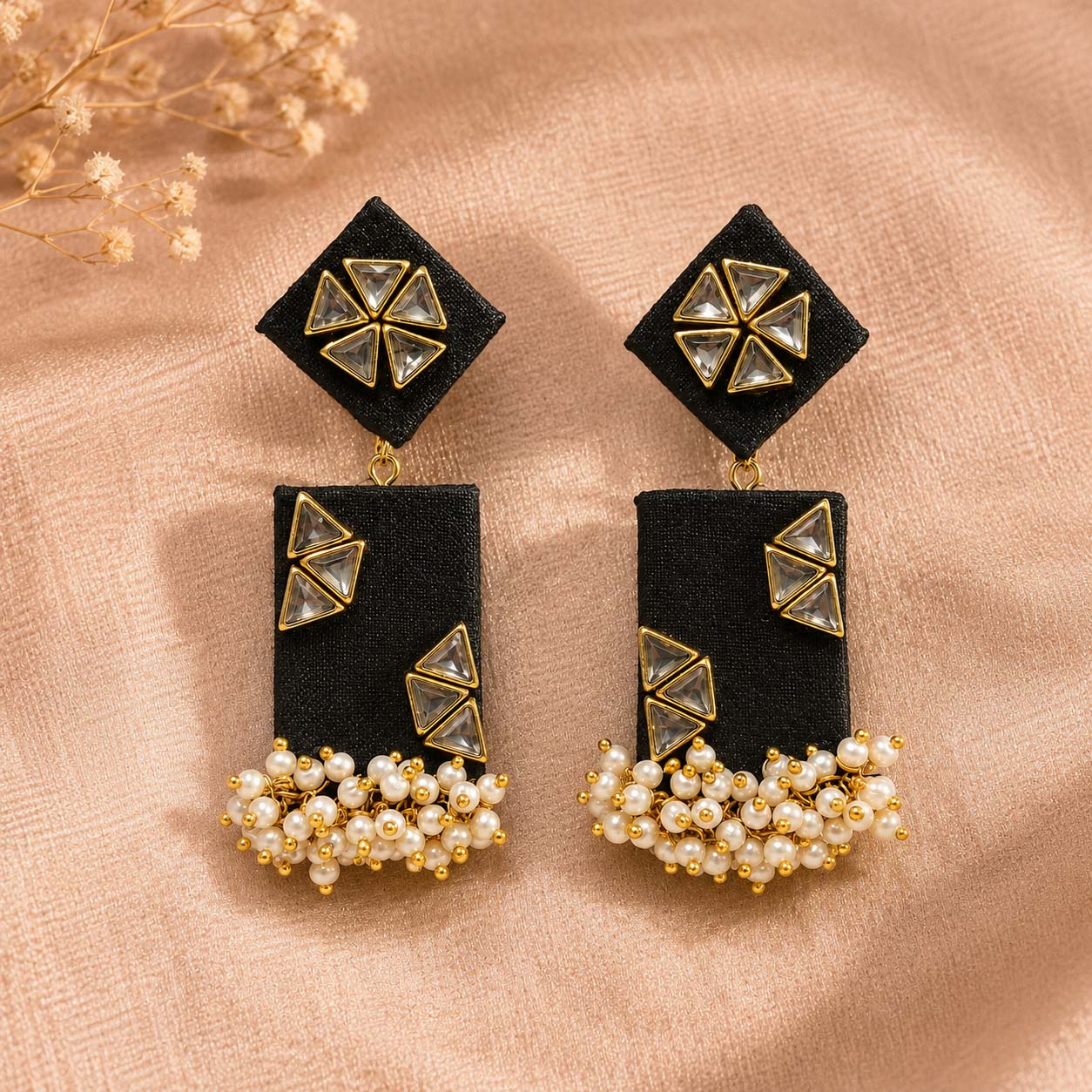 Black Kundan Geometric Earrings with Pearl Cluster Tassels