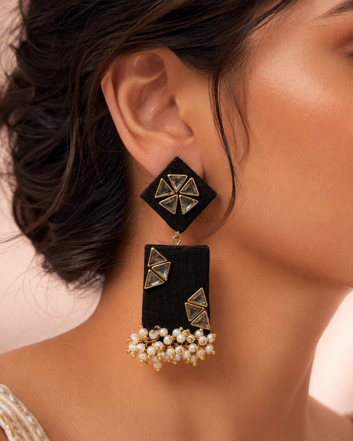 Black Kundan Geometric Earrings with Pearl Cluster Tassels