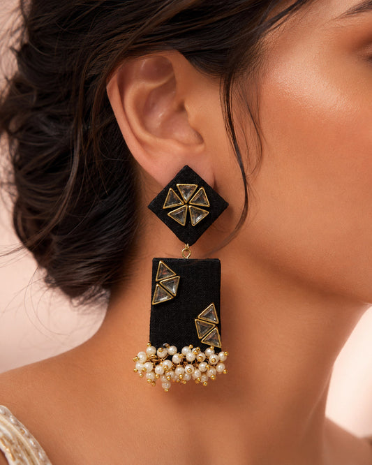 Black Kundan Geometric Earrings with Pearl Cluster Tassels