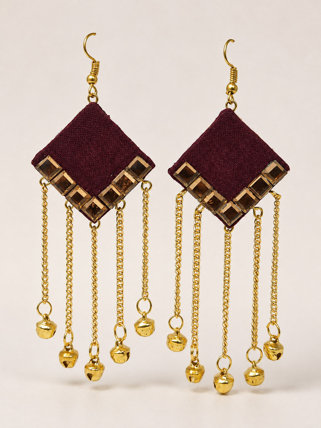 Maroon Mirror Work Earrings with Gold Chain Tassels – Boho Danglers