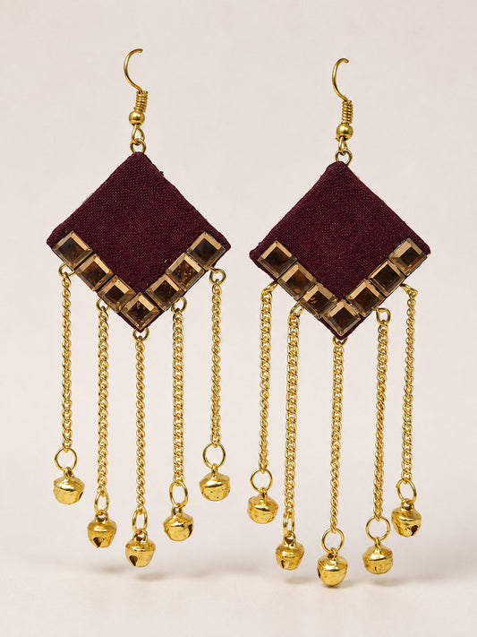 Maroon Mirror Work Earrings with Gold Chain Tassels – Boho Danglers