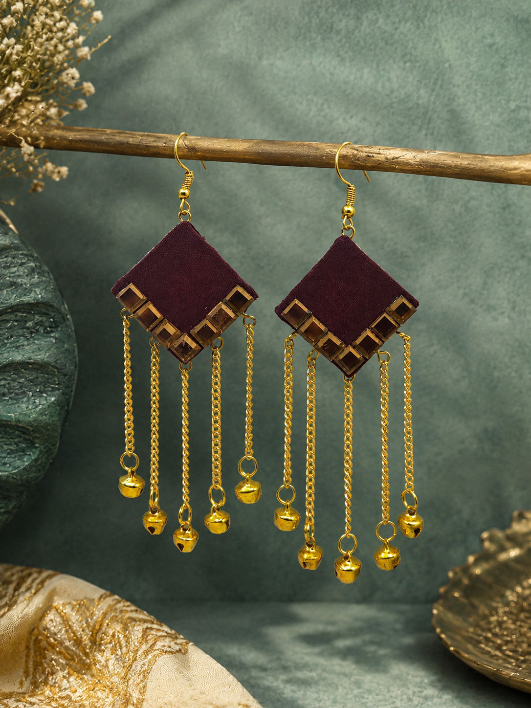 Maroon Mirror Work Earrings with Gold Chain Tassels – Boho Danglers