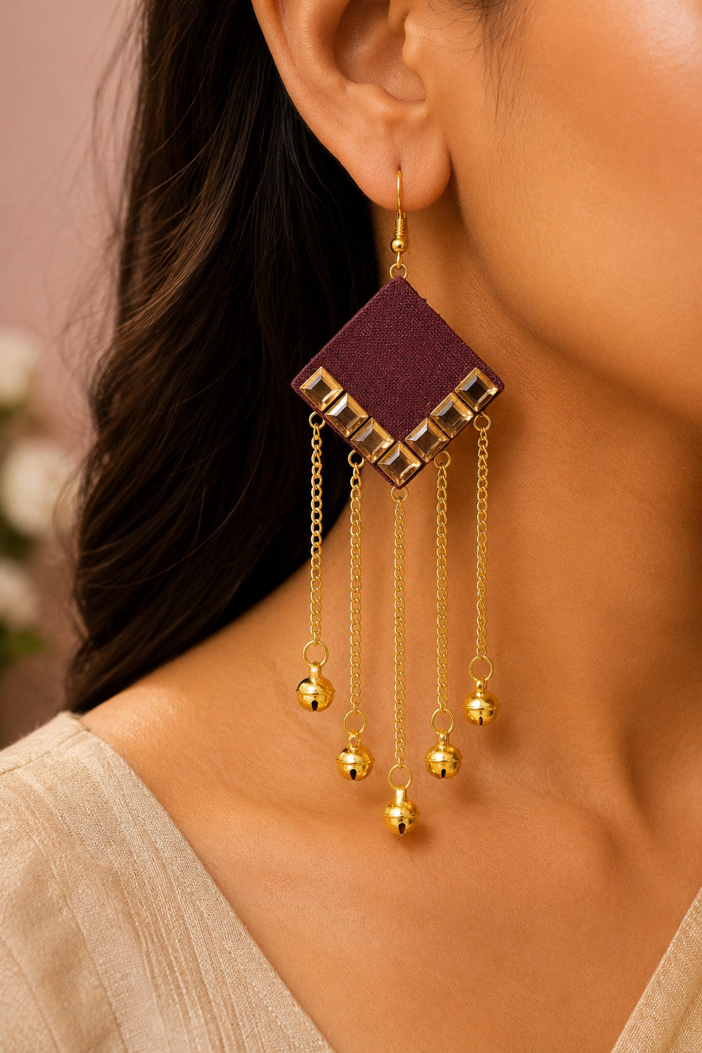 Maroon Mirror Work Earrings with Gold Chain Tassels – Boho Danglers