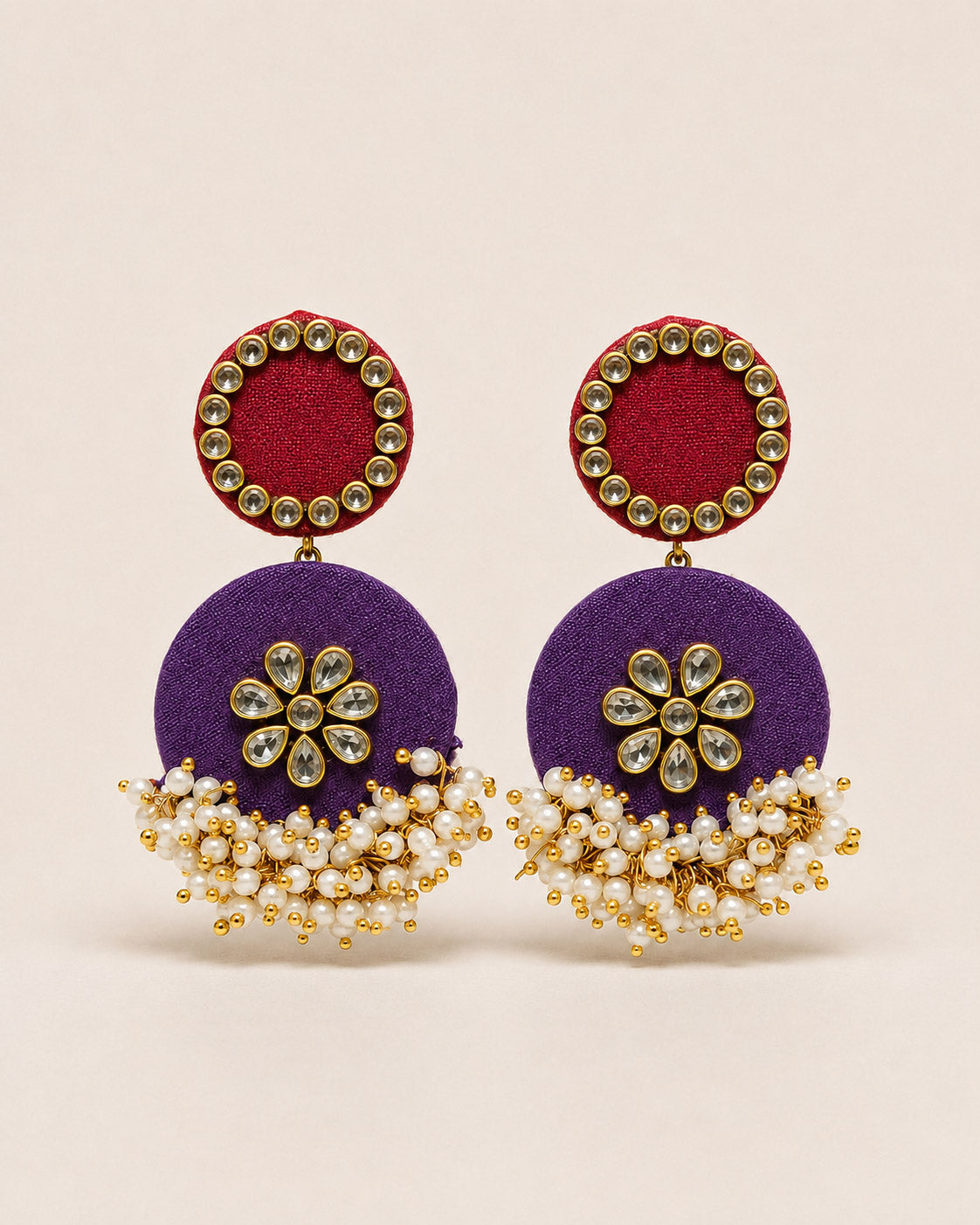 Maroon & Purple Kundan Floral Earrings with Pearl Tassels