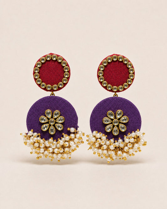 Maroon & Purple Kundan Floral Earrings with Pearl Tassels