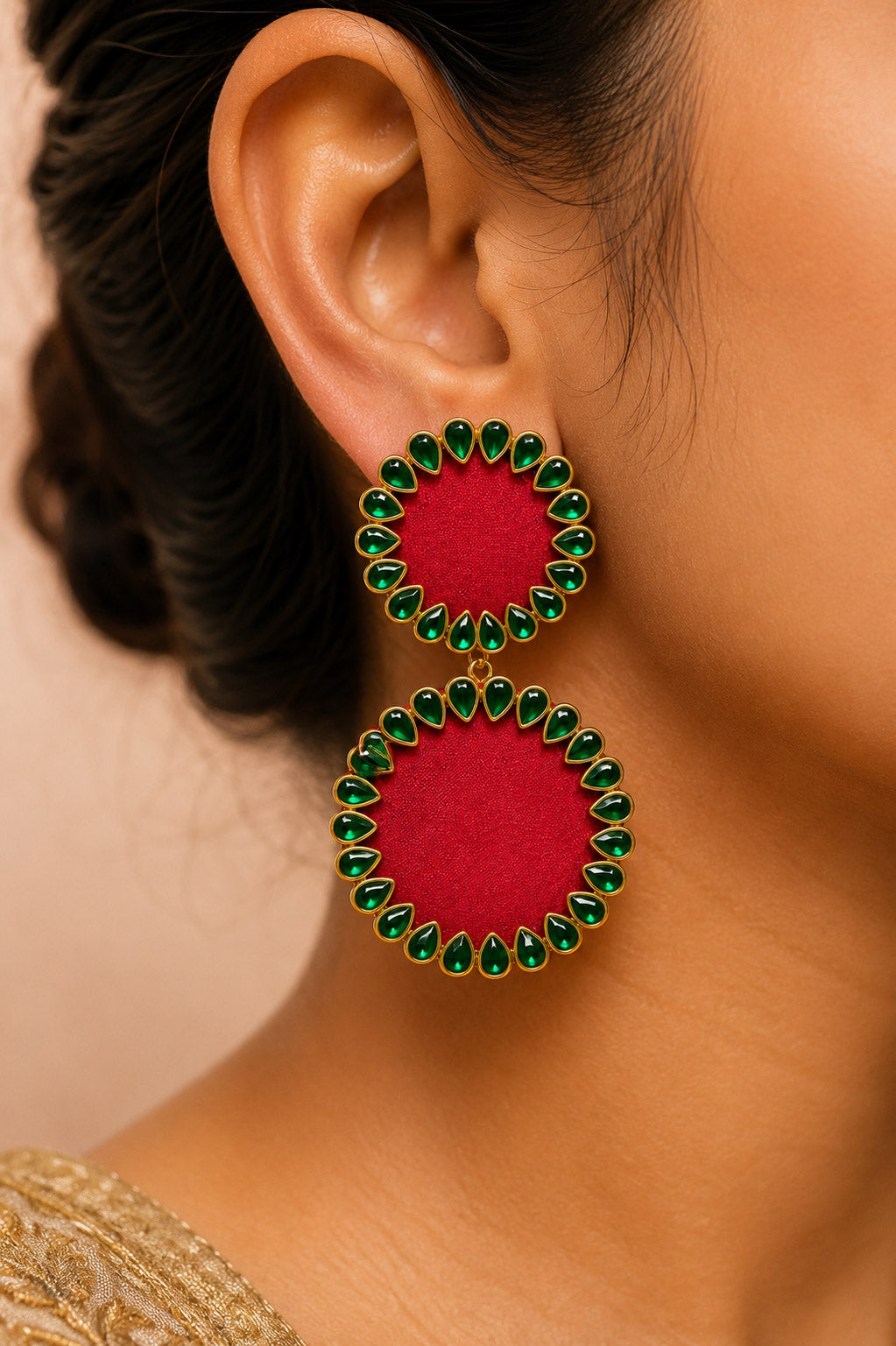 Red & Green Kundan Dual Disc Earrings – Festive Jewellery
