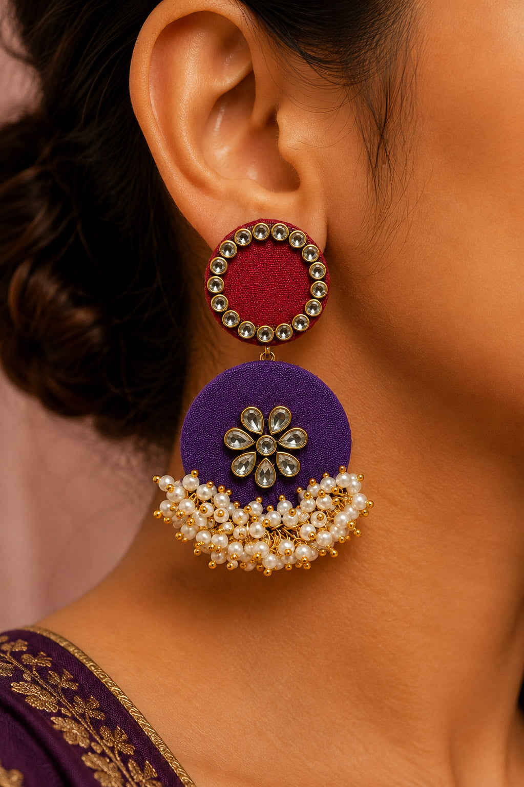Maroon & Purple Kundan Floral Earrings with Pearl Tassels