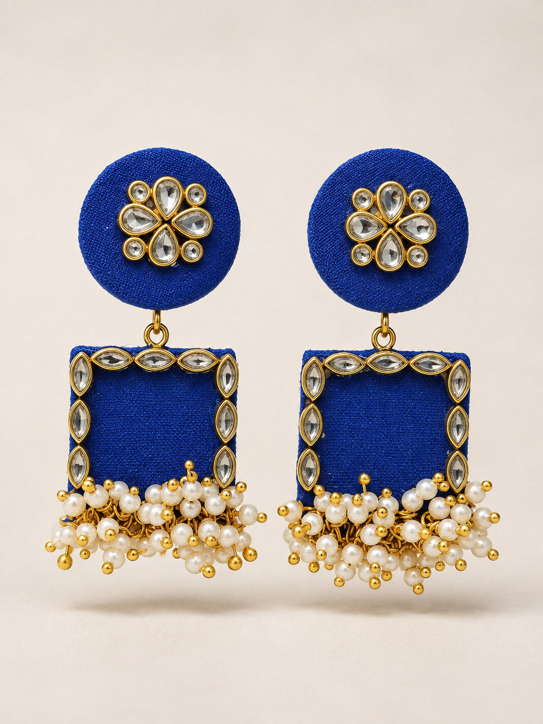 Royal Blue Kundan Chandbali Earrings with Pearl Tassels