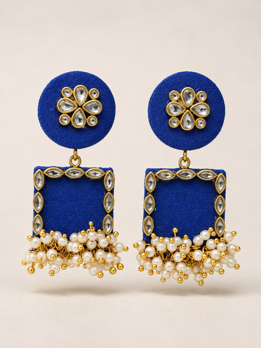 Royal Blue Kundan Chandbali Earrings with Pearl Tassels
