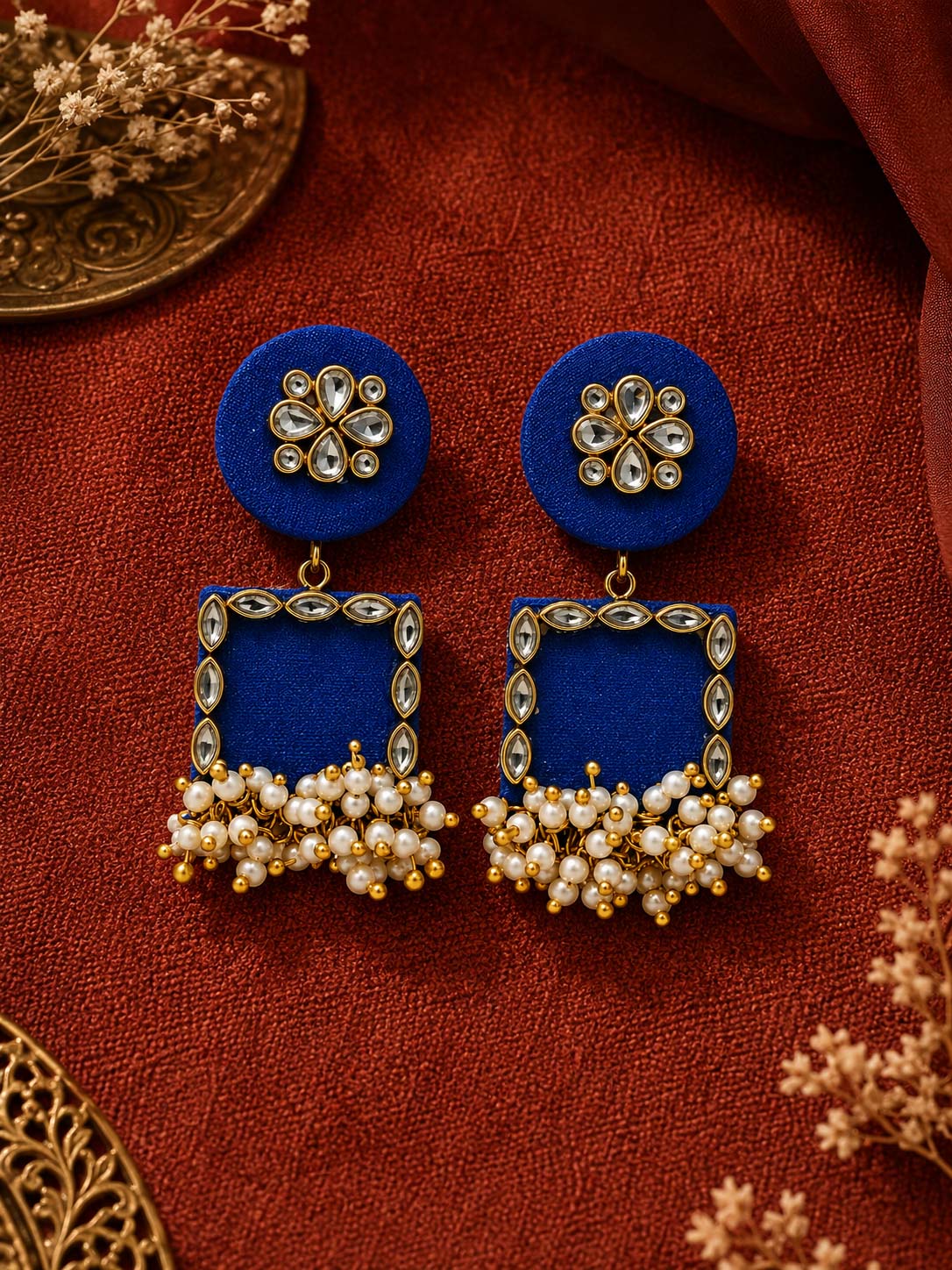 Royal Blue Kundan Chandbali Earrings with Pearl Tassels