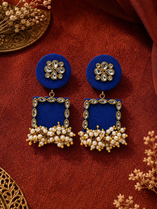 Royal Blue Kundan Chandbali Earrings with Pearl Tassels
