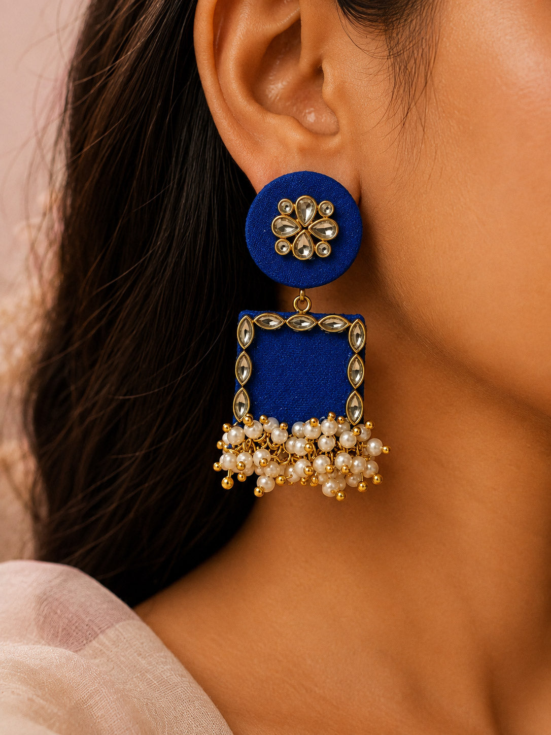 Royal Blue Kundan Chandbali Earrings with Pearl Tassels