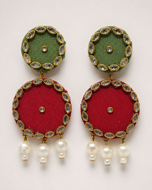 Sage Green & Maroon Kundan Earrings with Pearl Drops