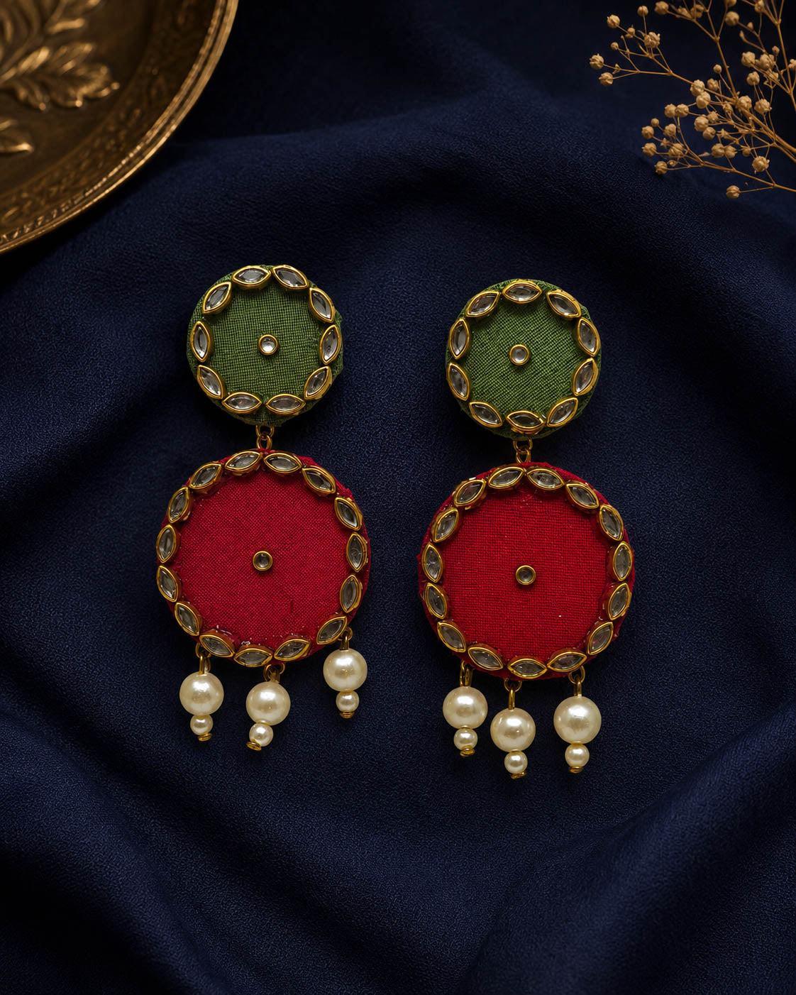 Sage Green & Maroon Kundan Earrings with Pearl Drops