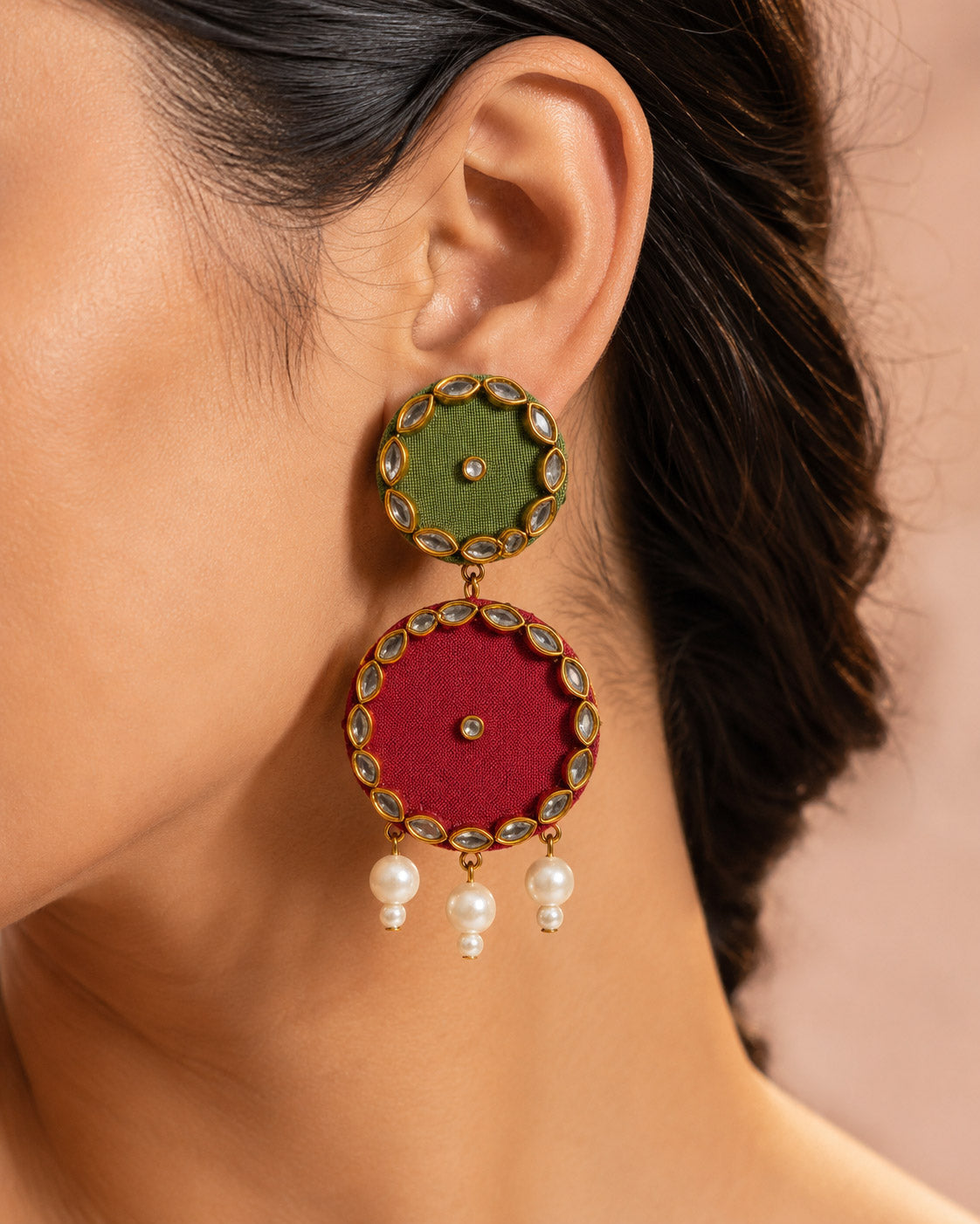 Sage Green & Maroon Kundan Earrings with Pearl Drops