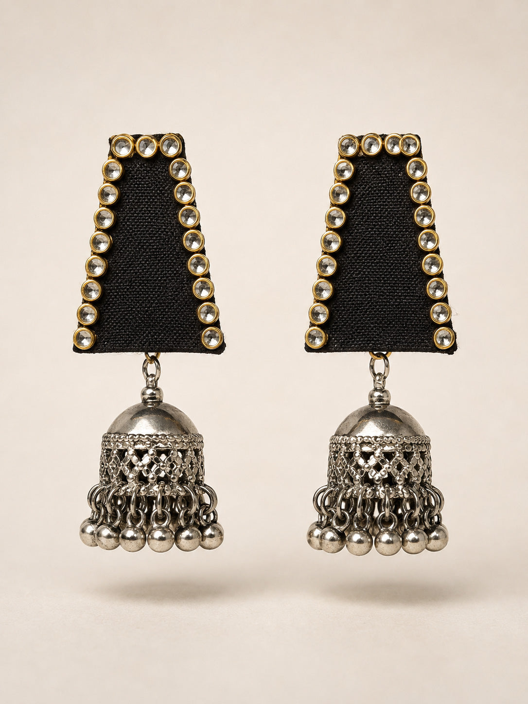Black Kundan Earrings with Oxidised Silver Jhumka Bell