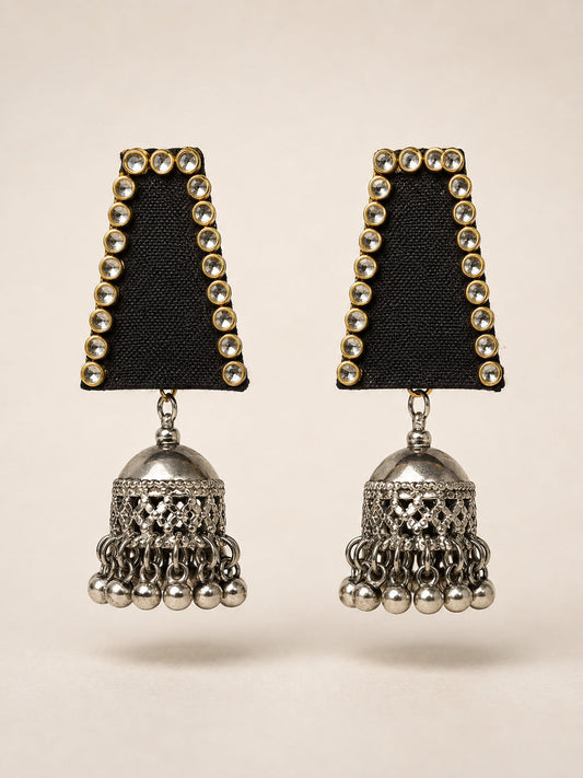 Black Kundan Earrings with Oxidised Silver Jhumka Bell