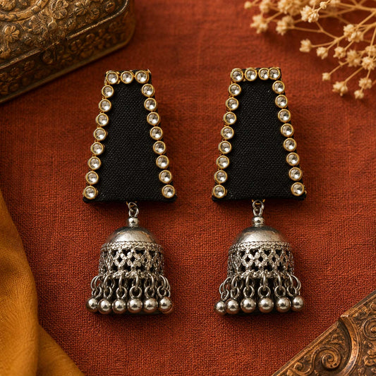 Black Kundan Earrings with Oxidised Silver Jhumka Bell