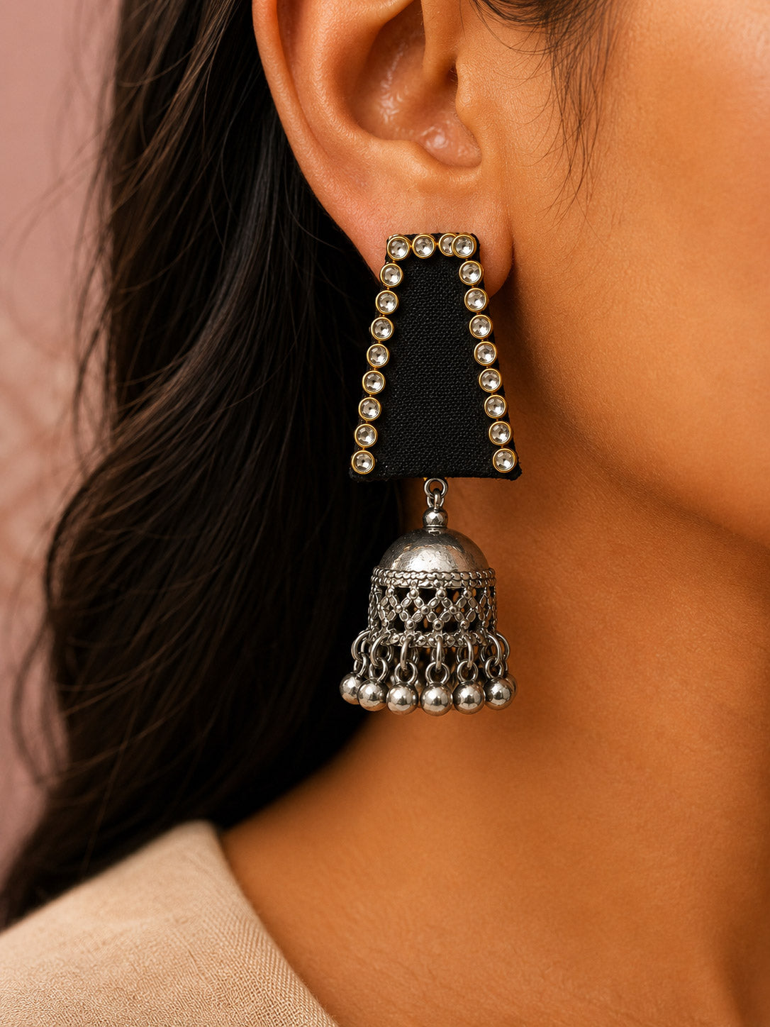 Black Kundan Earrings with Oxidised Silver Jhumka Bell