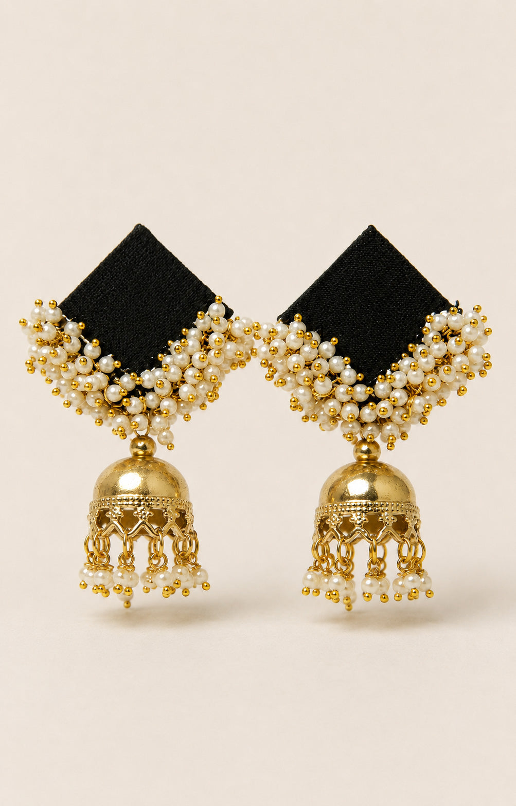 Black Pearl Cluster Jhumka Earrings with Gold Bell Drop