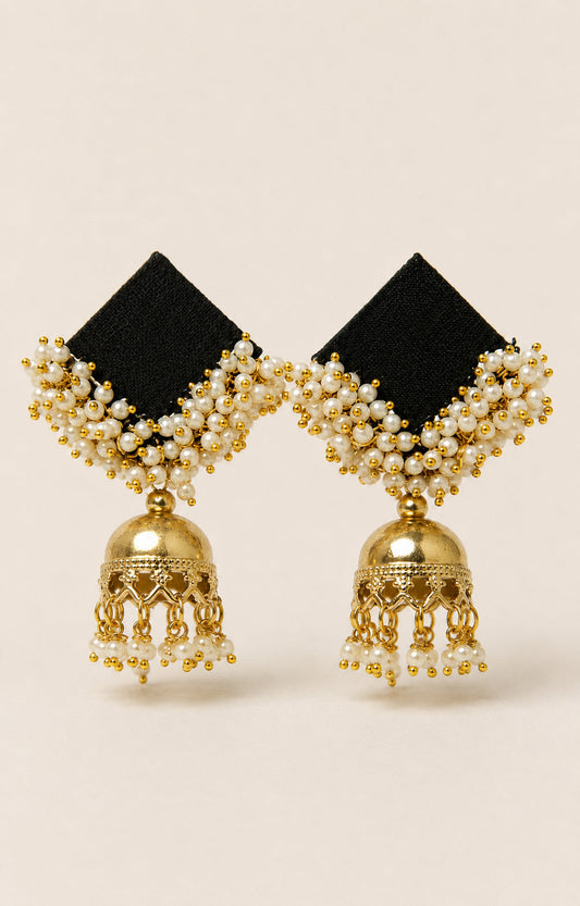 Black Pearl Cluster Jhumka Earrings with Gold Bell Drop