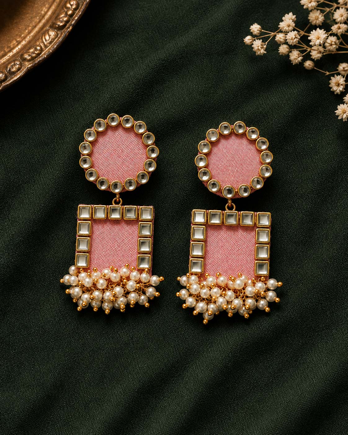 Blush Pink Mirror Work Earrings with Pearl Tassels