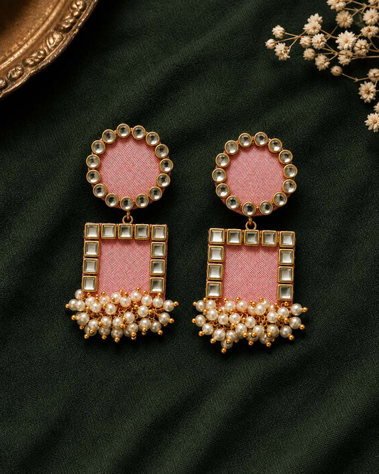 Blush Pink Mirror Work Earrings with Pearl Tassels