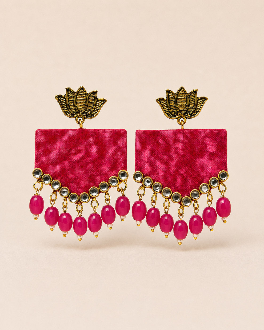 Pink Lotus Motif Earrings with Mirror Work – Traditional Jewellery