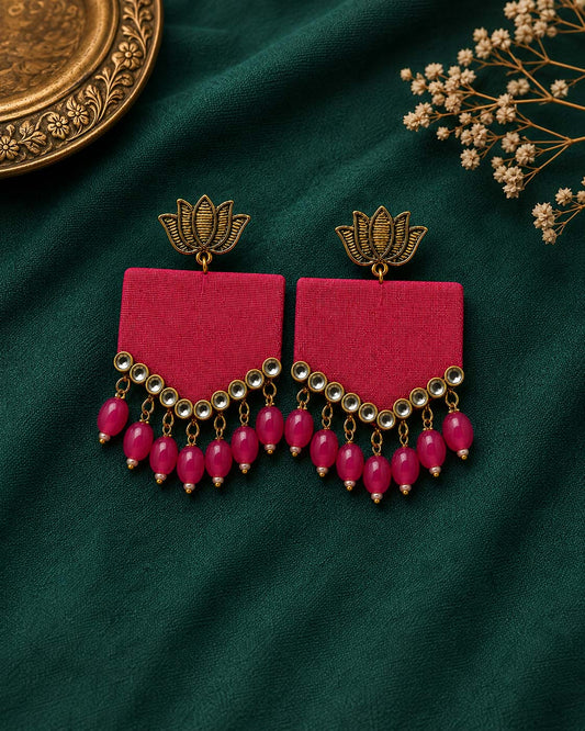Pink Lotus Motif Earrings with Mirror Work – Traditional Jewellery
