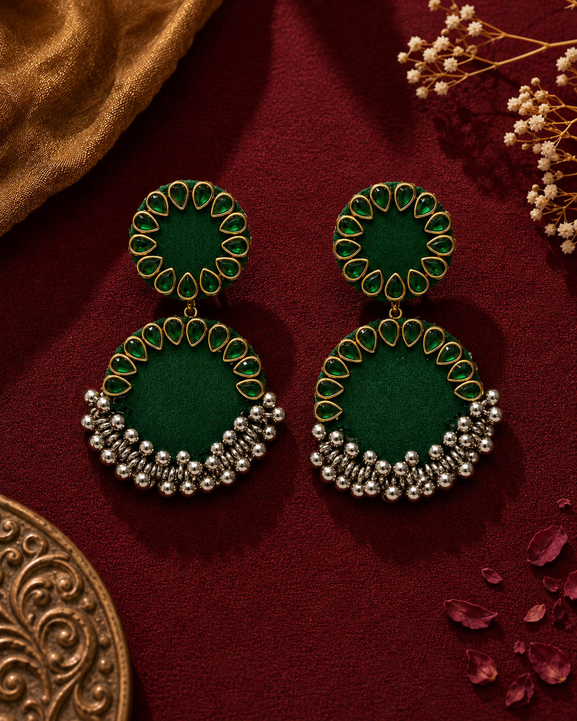 Green Kundan Earrings with Silver Ghungroo Drops – Statement Jhumka