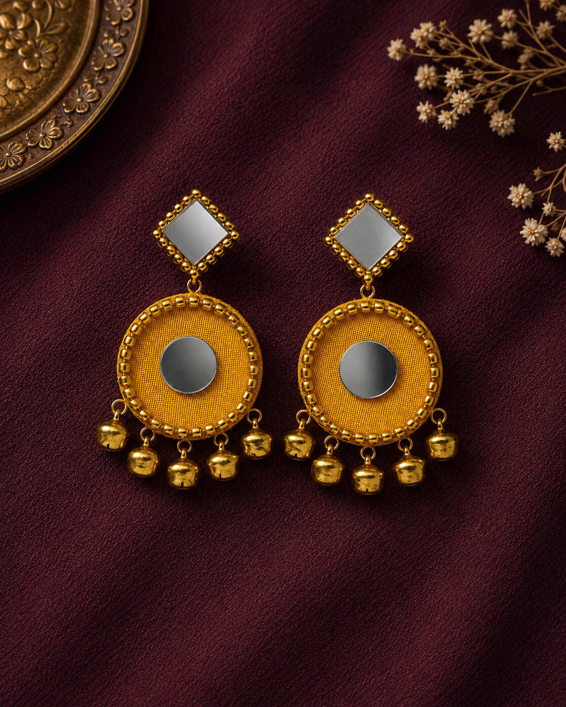 Yellow Mirror Work Earrings with Gold Bells – Haldi Jewellery