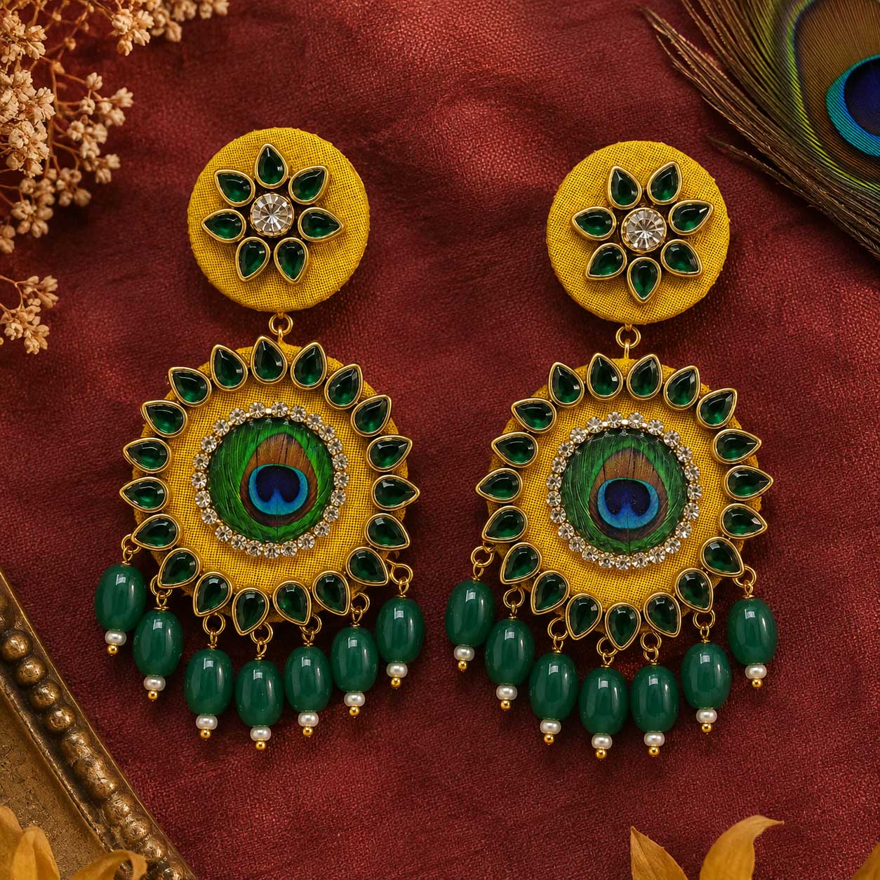 Yellow Peacock Motif Earrings – Haldi Ceremony Jewellery