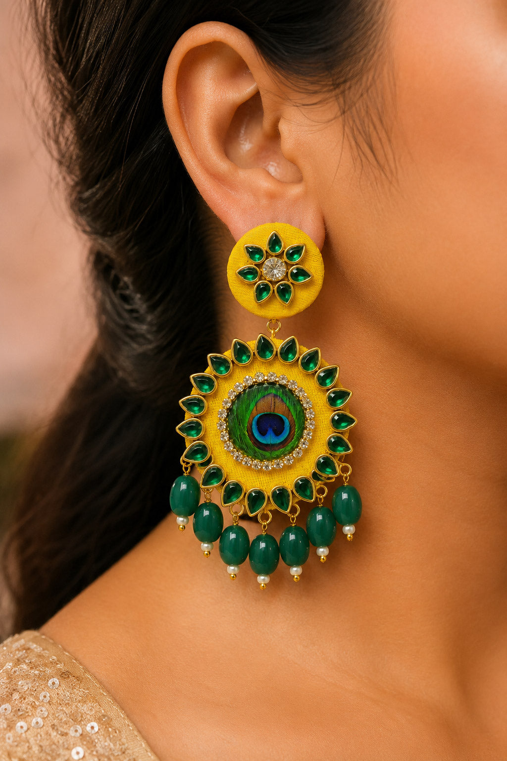 Yellow Peacock Motif Earrings – Haldi Ceremony Jewellery
