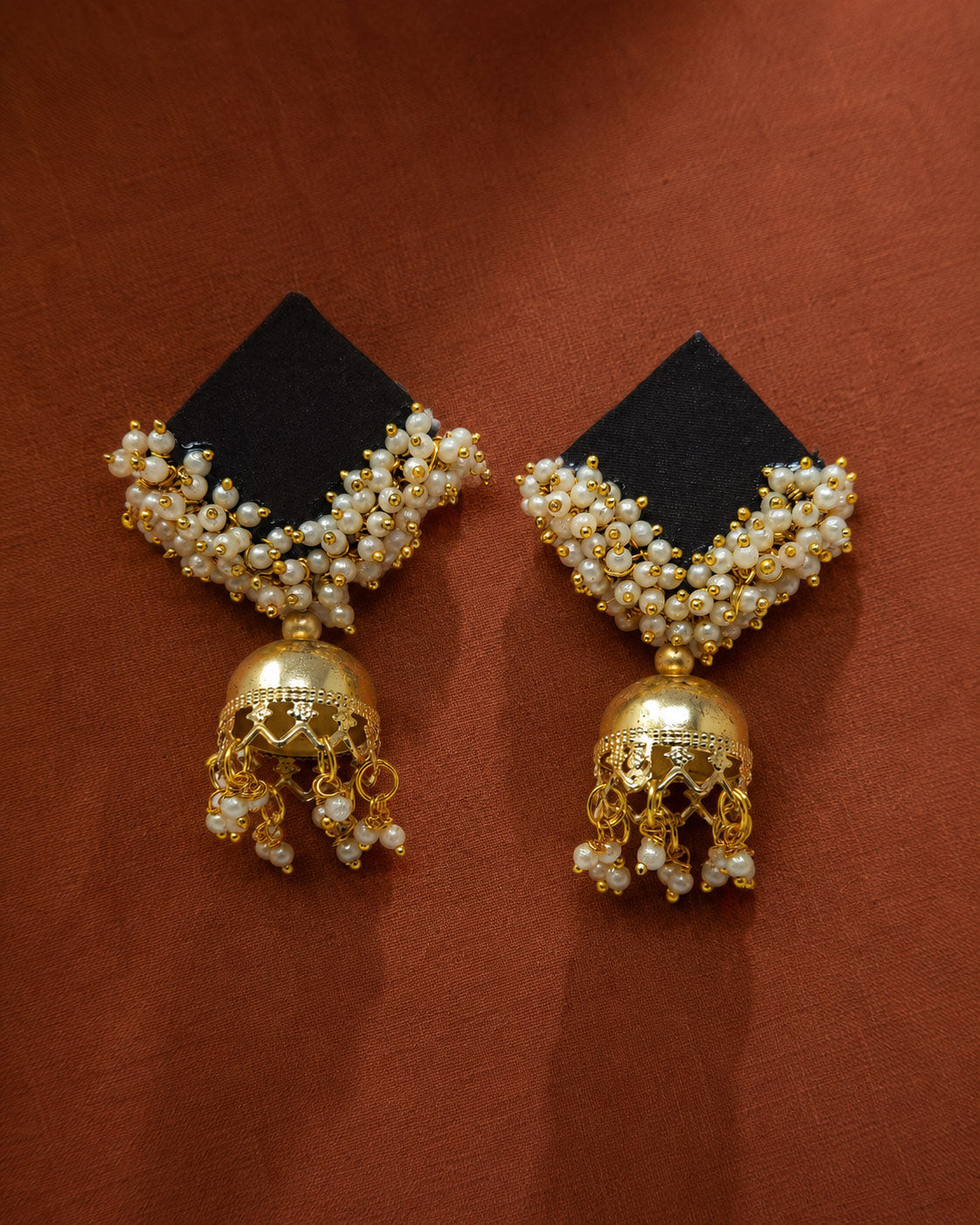 Black Pearl Cluster Jhumka Earrings with Gold Bell Drop