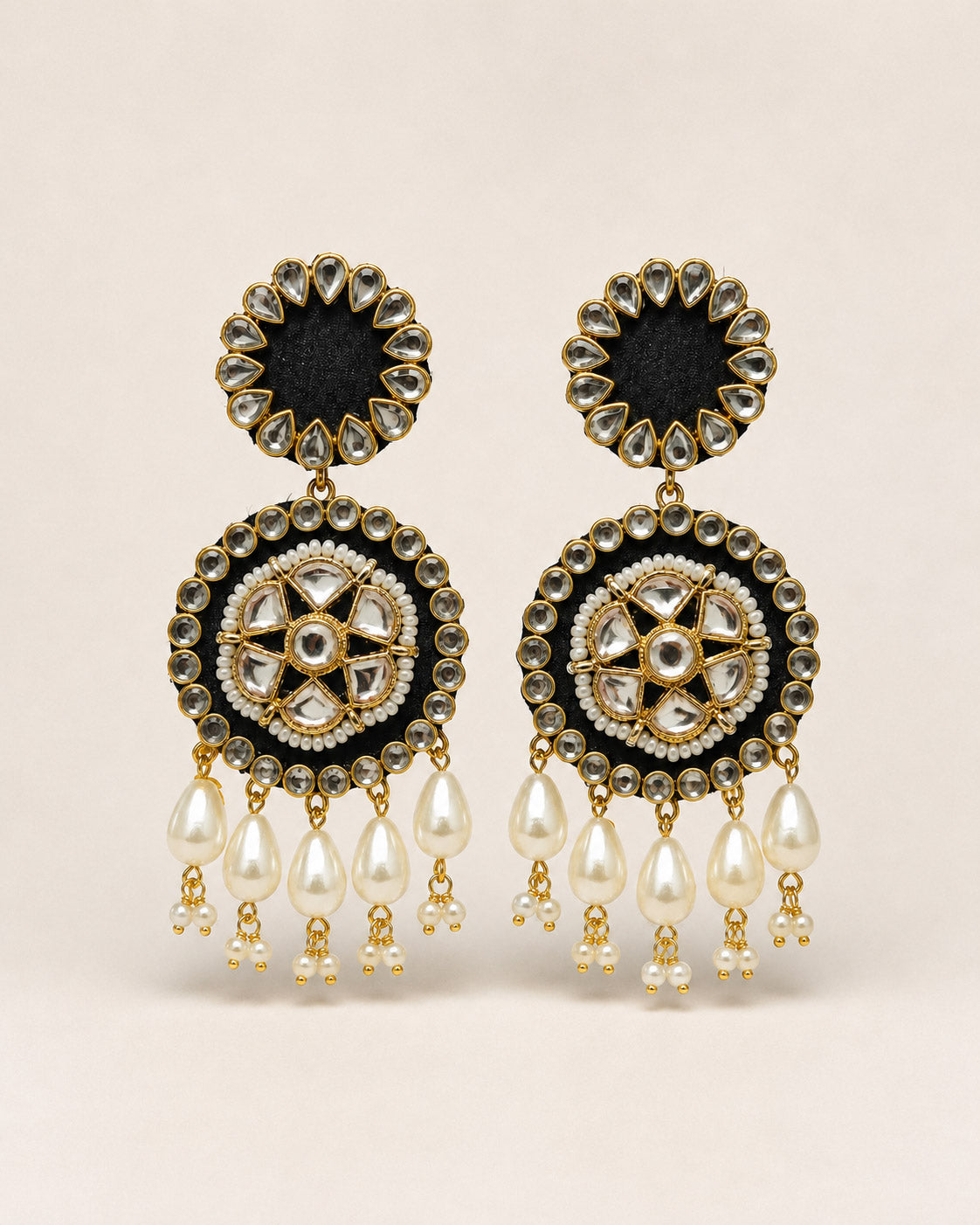 Black Kundan Star Chandbali Earrings with Pearl Drops