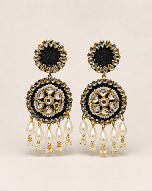 Black Kundan Star Chandbali Earrings with Pearl Drops