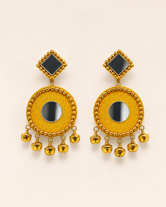 Yellow Mirror Work Earrings with Gold Bells – Haldi Jewellery