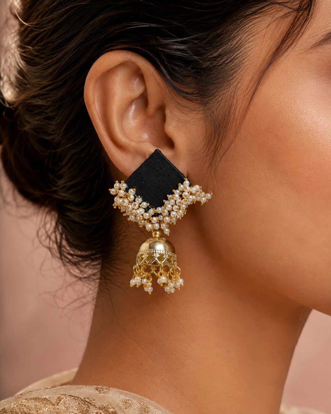 Black Pearl Cluster Jhumka Earrings with Gold Bell Drop