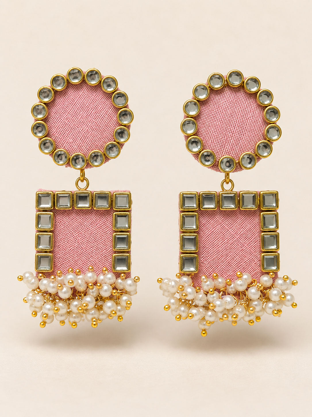 Blush Pink Mirror Work Earrings with Pearl Tassels