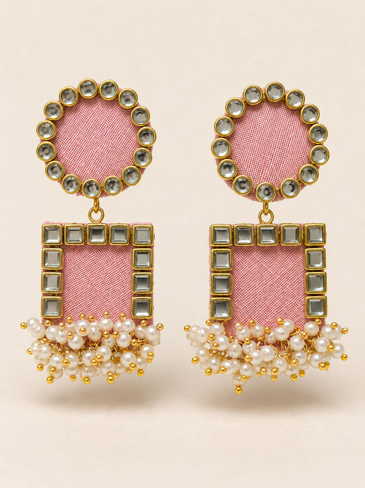 Blush Pink Mirror Work Earrings with Pearl Tassels