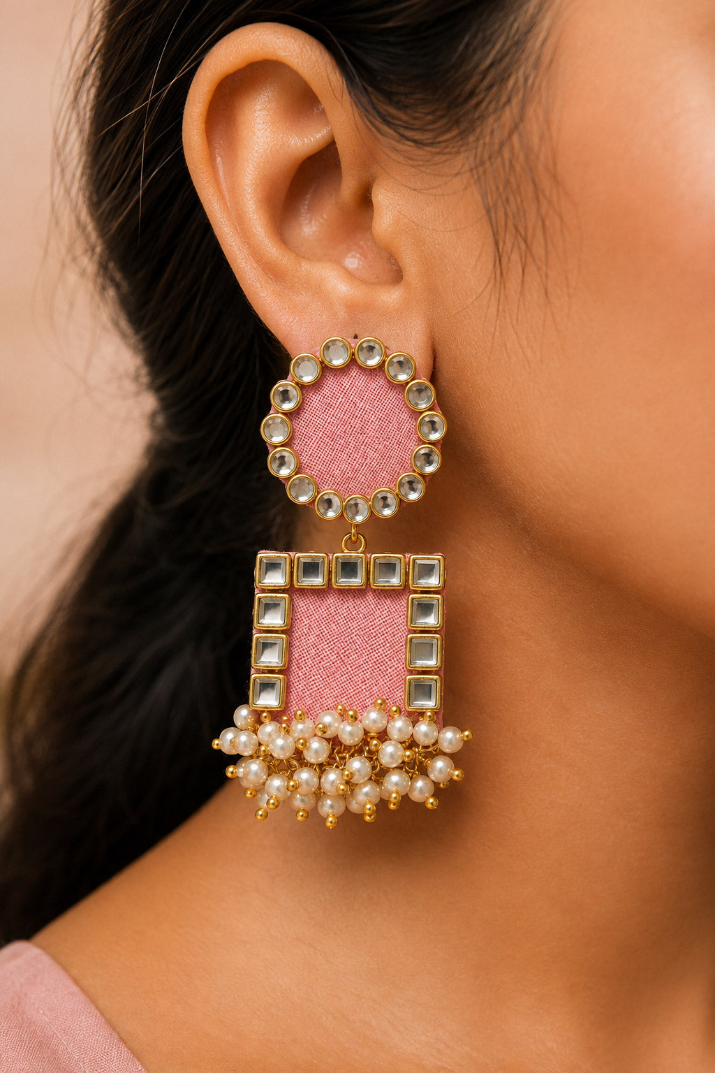 Blush Pink Mirror Work Earrings with Pearl Tassels