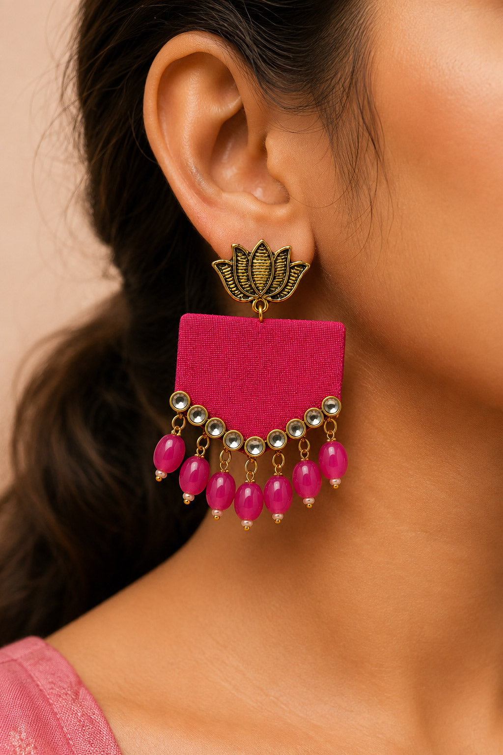 Pink Lotus Motif Earrings with Mirror Work – Traditional Jewellery