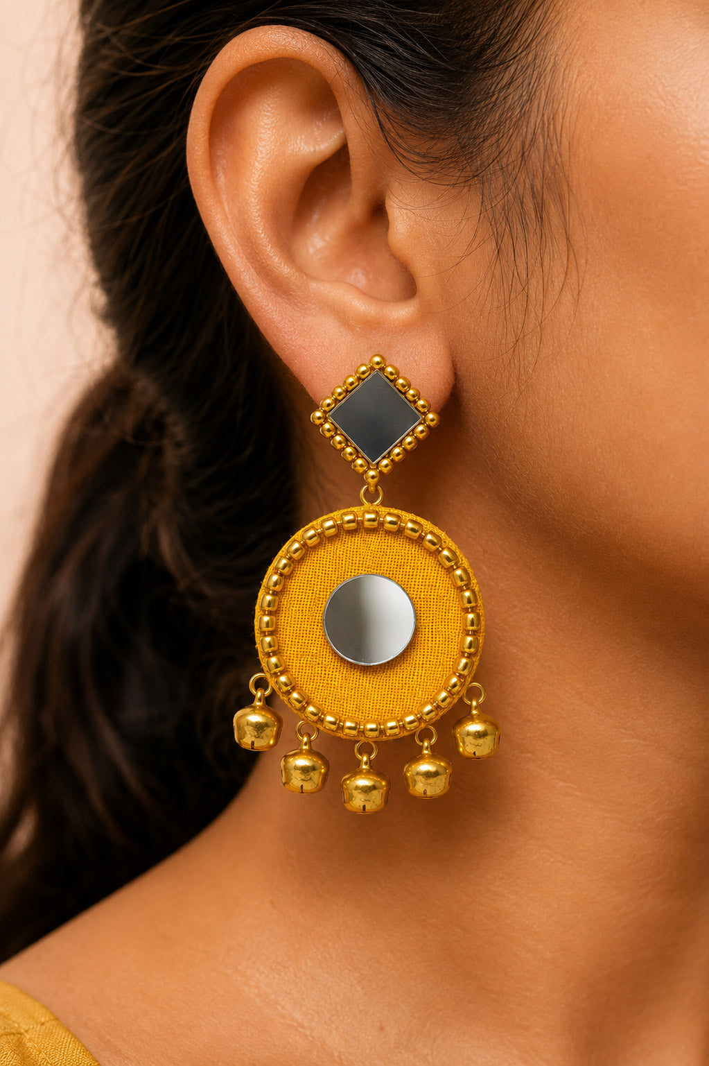 Yellow Mirror Work Earrings with Gold Bells – Haldi Jewellery