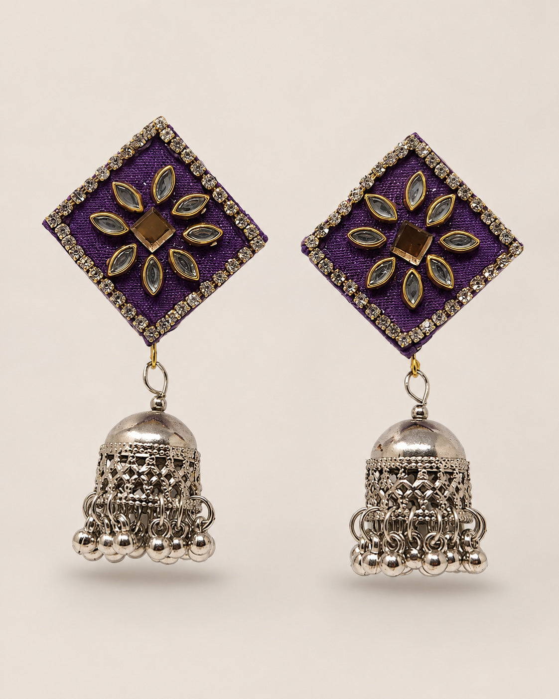 Purple Kundan Earrings with Oxidised Silver Jhumka