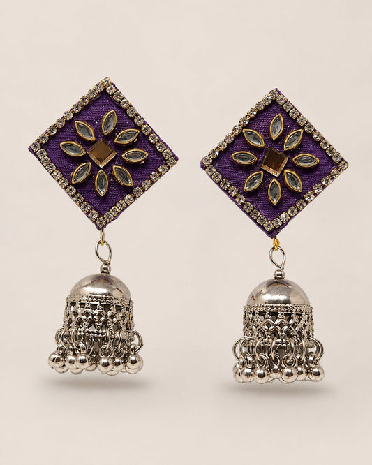 Purple Kundan Earrings with Oxidised Silver Jhumka