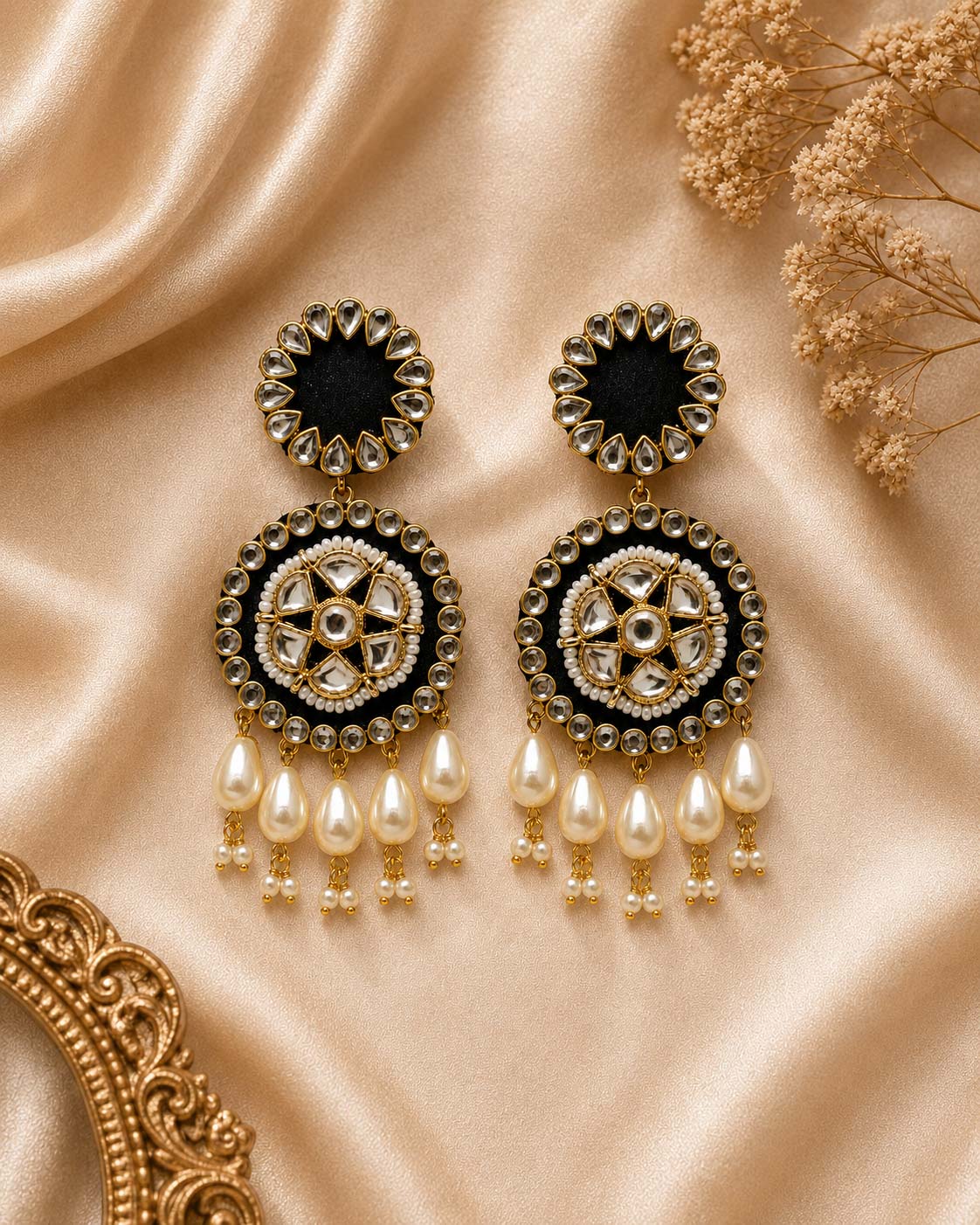 Black Kundan Star Chandbali Earrings with Pearl Drops
